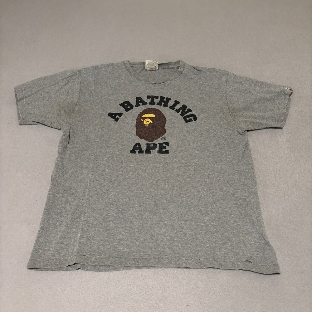 A Bathing Ape BAPE Mens College Logo Gray Graphic T-Shirt Large Distressed